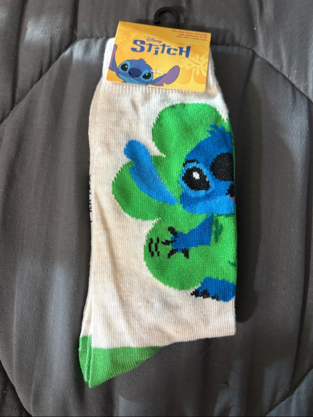Disney Stitch Socks with Blue Character and Green Clover